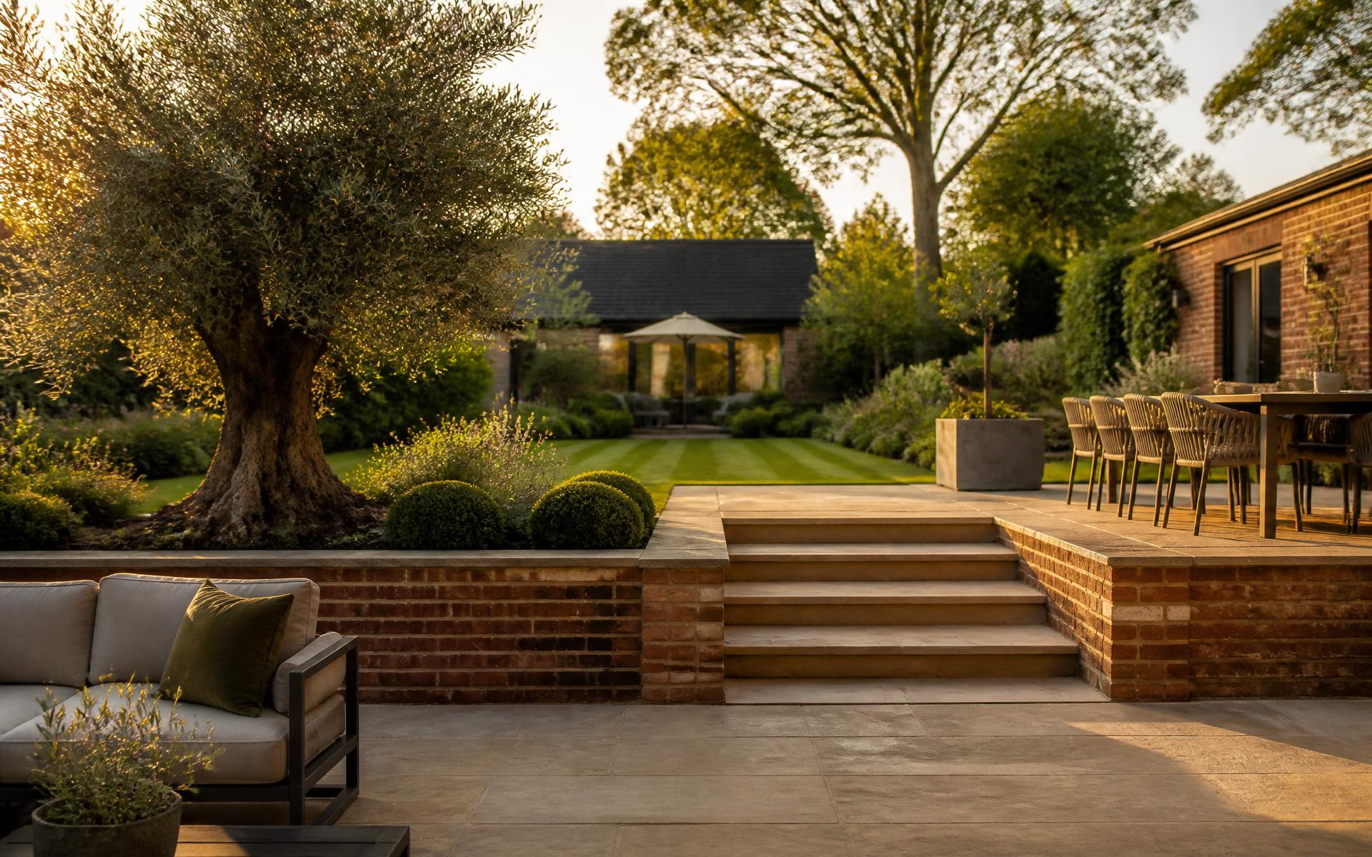 Premium landscaped garden with sandstone patio and brickwork in West Sussex